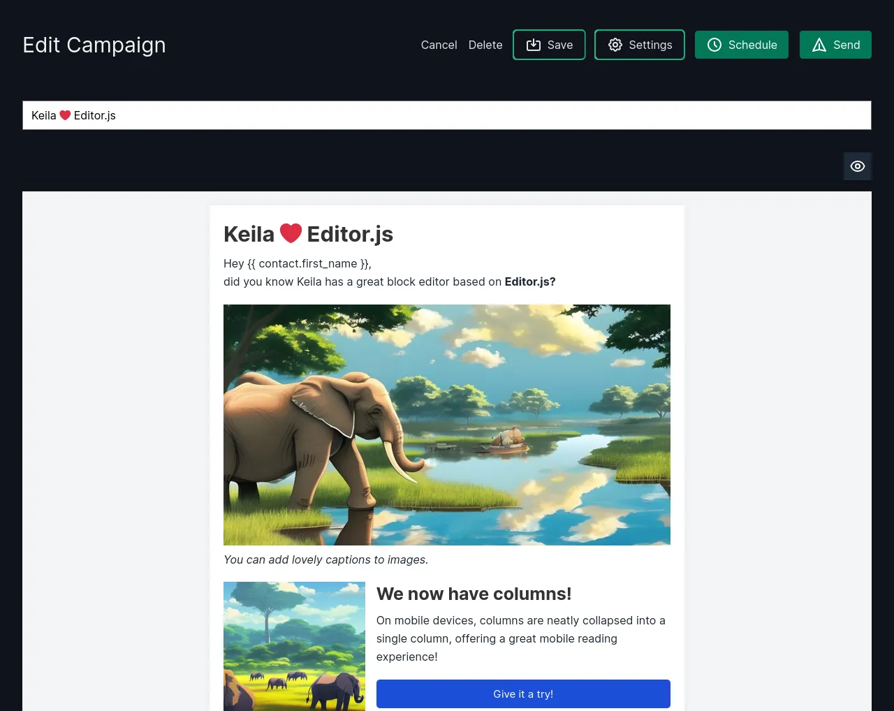 Screenshot des Block-Editors von Keila mit einem mehrspaltigen Layout
