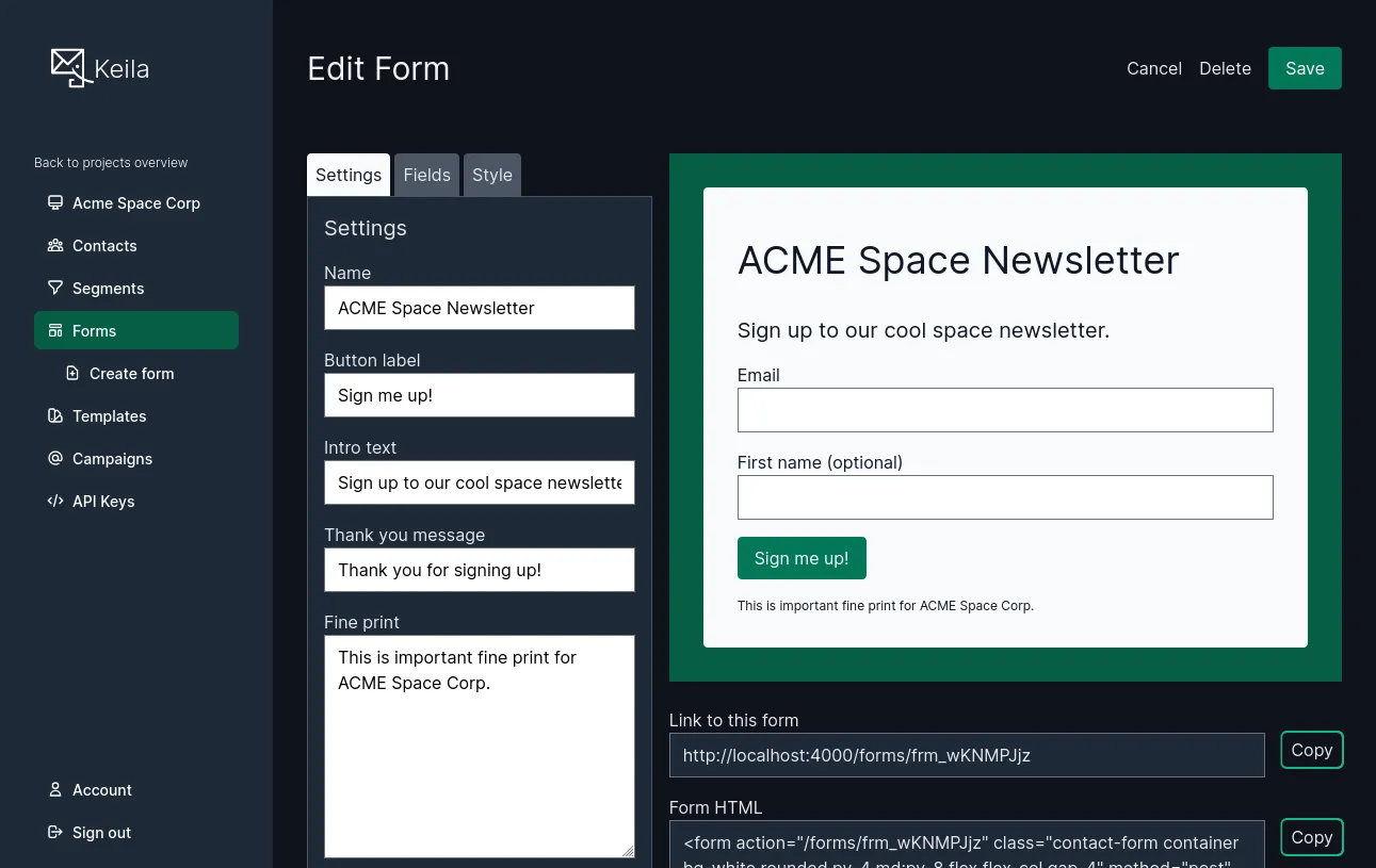 Screenshot of the form editor in Keila